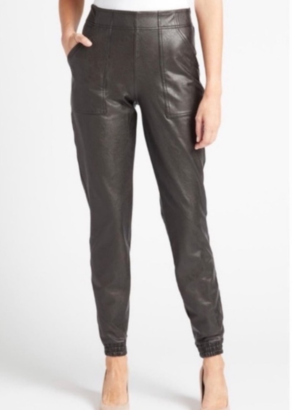 SPANX Black Faux Leather Joggers Pants Pockets Gathered Ankle Size Medium